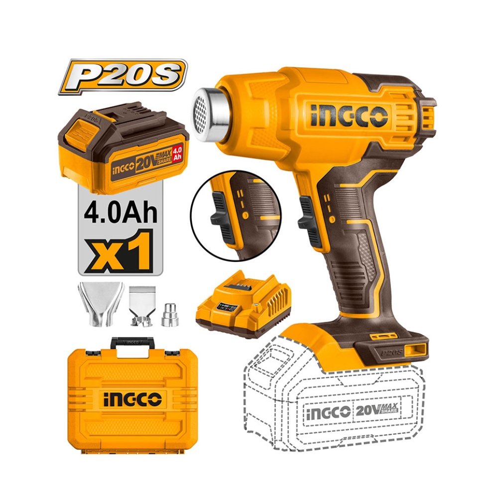 Máy khò nhiệt dùng pin 20V Ingco HGLI20025 (pin 4.0Ah & sạc) 1 Máy khò nhiệt dùng pin 20V Ingco HGLI20025