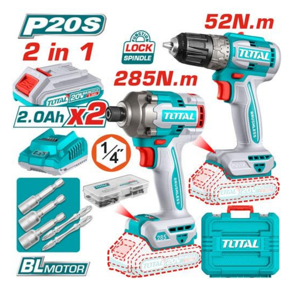 Bộ combo máy khoan TDLI204531 & máy siết vít TIRLI2028 Total TCKLI20272 1 Bộ combo máy khoan TDLI204531 & máy siết vít TIRLI2028 dùng pin 20V Total TCKLI20272