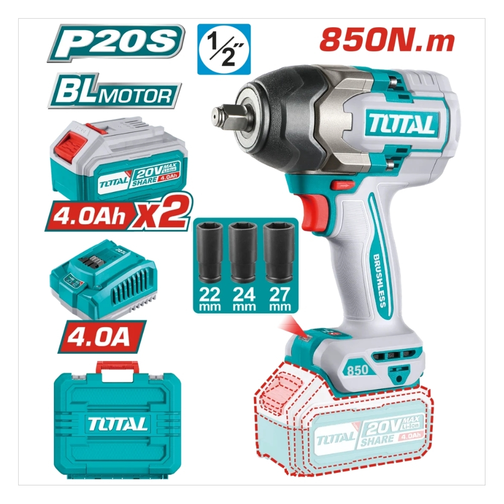 Máy siết bu lông dùng pin 20V 850Nm Total TIWLI2085 (2 pin & sạc) 1 Máy siết bu lông dùng pin 20V 850Nm Total TIWLI2085 (2 pin & sạc)