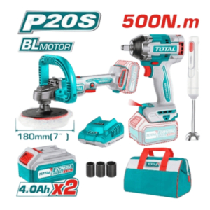 Bộ combo máy siết buloong TIWLI2050 & máy đánh bóng TAPLI2018 không chổi than dùng pin 20V & máy xay cầm tay TJB037T dùng pin Total TOSLI240686