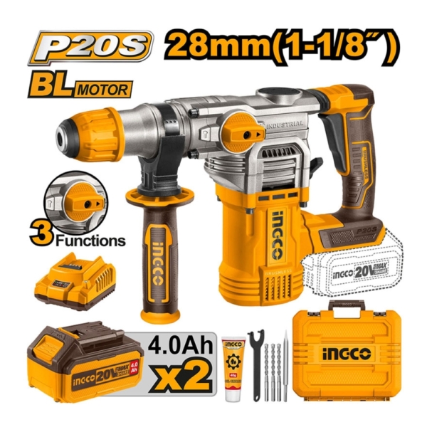 Máy khoan đục bê tông dùng pin 20V- 28mm Ingco CRHLI202882 (2 pin 4Ah và sạc)