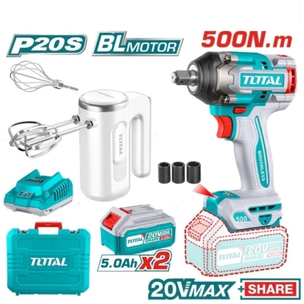 Bộ combo máy siết buloong pin 20V Total TIWLI2050 (không chổi than) & máy trộn cầm tay TMK021T