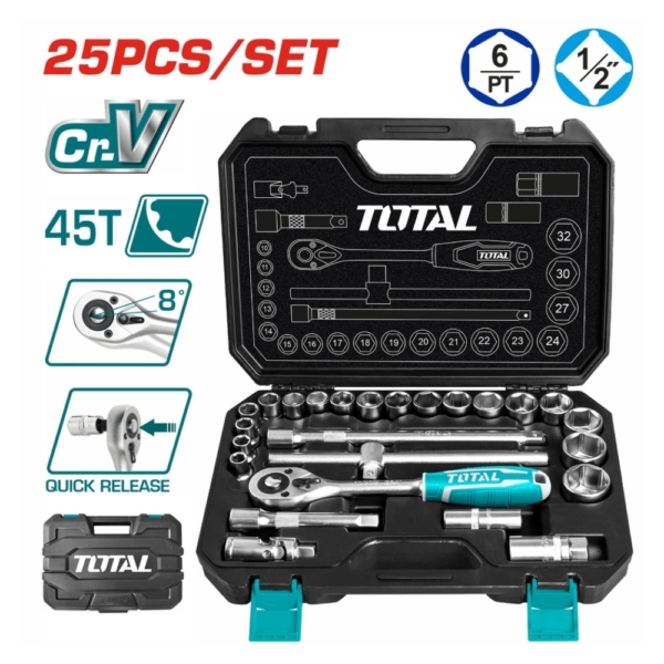 Bộ tuýp 25 chi tiết và cần siết 2 chiều Total THT121251