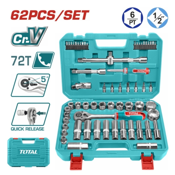Bộ 62 đầu tuýp 1/2 inch và cần siết Total THT121602