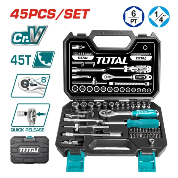Bộ tuýp 1/4" 45 chi tiết và cần siết 2 chiều Total THT141451