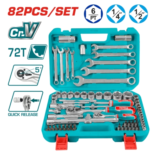 Bộ 82 đầu tuýp 1/4 inch, 1/2 inch và cần siết Total THT421802