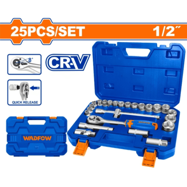 Bộ 25 chi tiết tay vặn đầu tuýp 1/2" Wadfow WST2D25