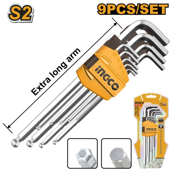 Bộ 9 chìa lục giác bi dài Ingco HHK12092