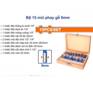 Bộ 15 mũi phay gỗ 8mm Wadfow WRG5P08