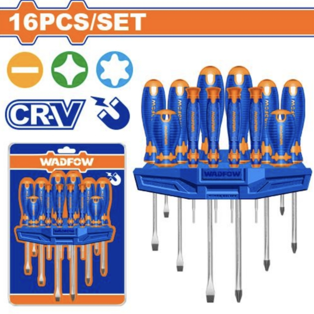 Bộ 16 tua vít dẹp, bake. chính xác Wadfow WSS1416 1 Bộ 16 tua vít Wadfow WSS1416