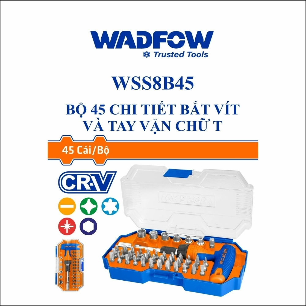 Bộ tua vít 45 chi tiết tay vặn chữ T Wadfow WSS8B45 1 Bộ 45 chi tiết bắt vít và tay vặn chữ T Wadfow WSS8B45