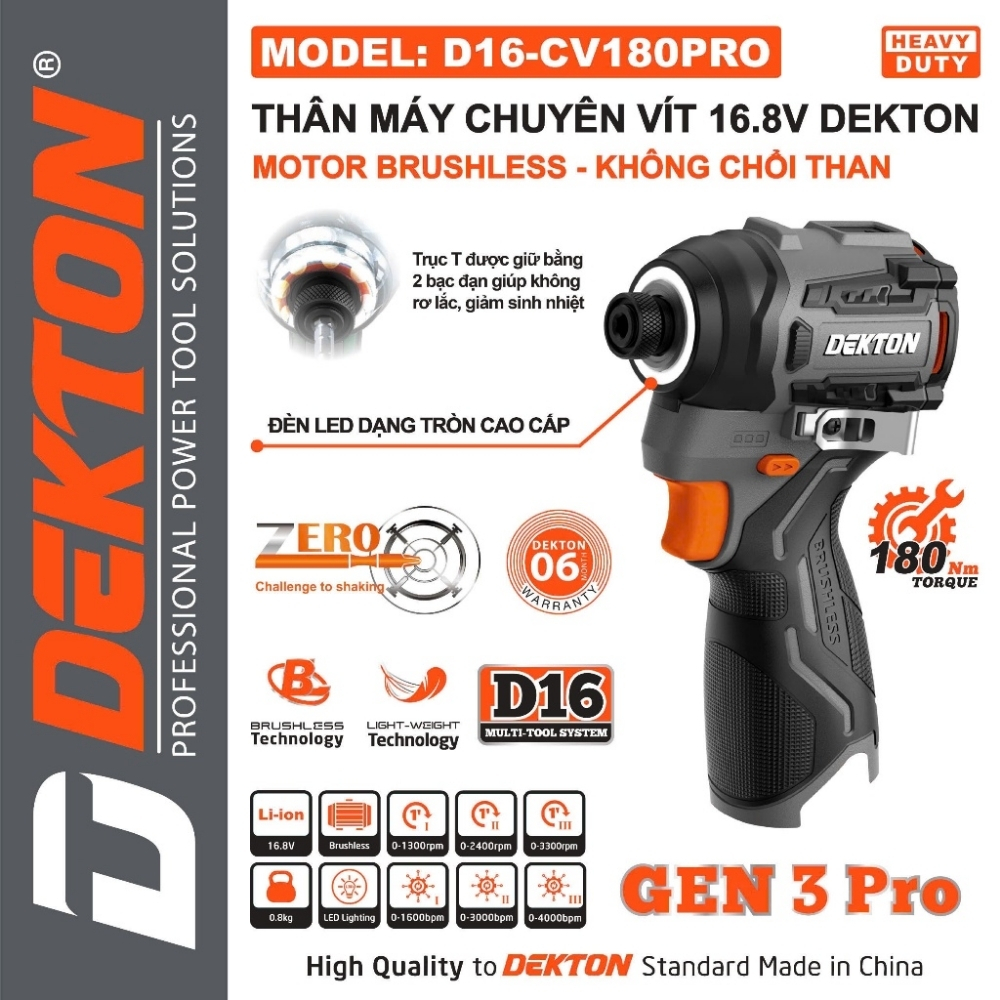 Máy bắn vít dùng pin 21V 180Nm Dekton D16-CV180PRO 1 Thân Chuyên Vít 180N.M Đèn Tròn Dekton D16-CV180PRO