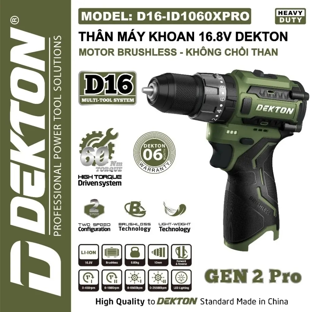 Máy khoan dùng pin 16.8V Dekton D16-ID1060XPRO (màu olive) 1 Máy khoan dùng pin 16.8V Dekton D16-ID1060XPRO (màu olive)