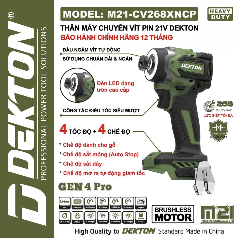 Máy chuyên vít dùng pin 21v 268Nm Dekton M21-CV268XNCP 1 Thân Chuyên Vít 268N.M Dekton M21-CV268XNCP