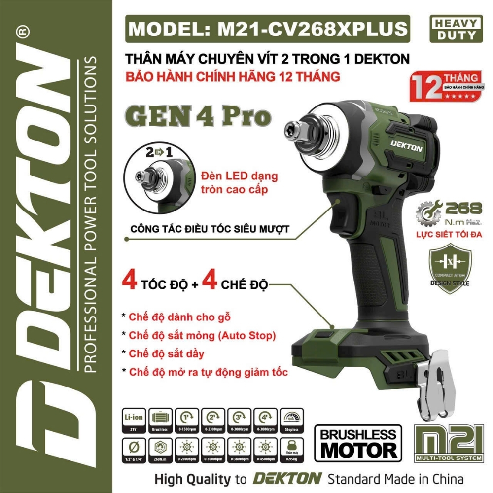 Máy chuyên vít 2 trong 1 pin 21V Dekton M21-CV268XPLUS 1 Thân Chuyên Vít 2 Trong 1 268N.M Dekton M21-CV268XPLUS