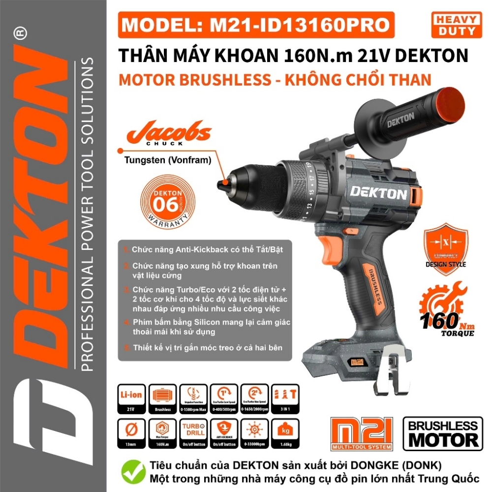 Máy khoan dùng pin 21V 160Nm Dekton M21-ID13160PRO 1 Khoan 13mm-160N.m Dekton M21-ID13160PRO