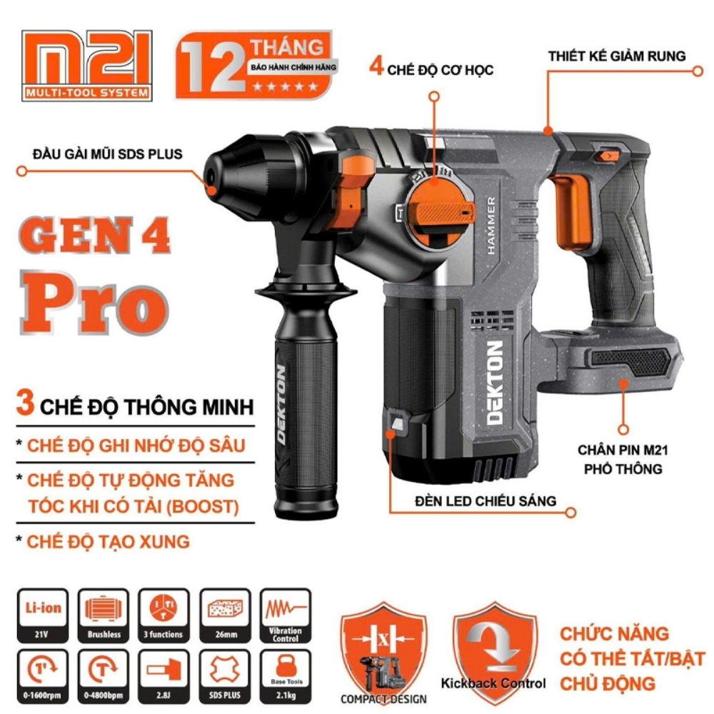 Máy khoan bê tông 3 chức năng pin Dekton M21-RH2603PRO 1 Máy Khoan Đục 3 Chức Năng Dekton M21-RH2603PRO
