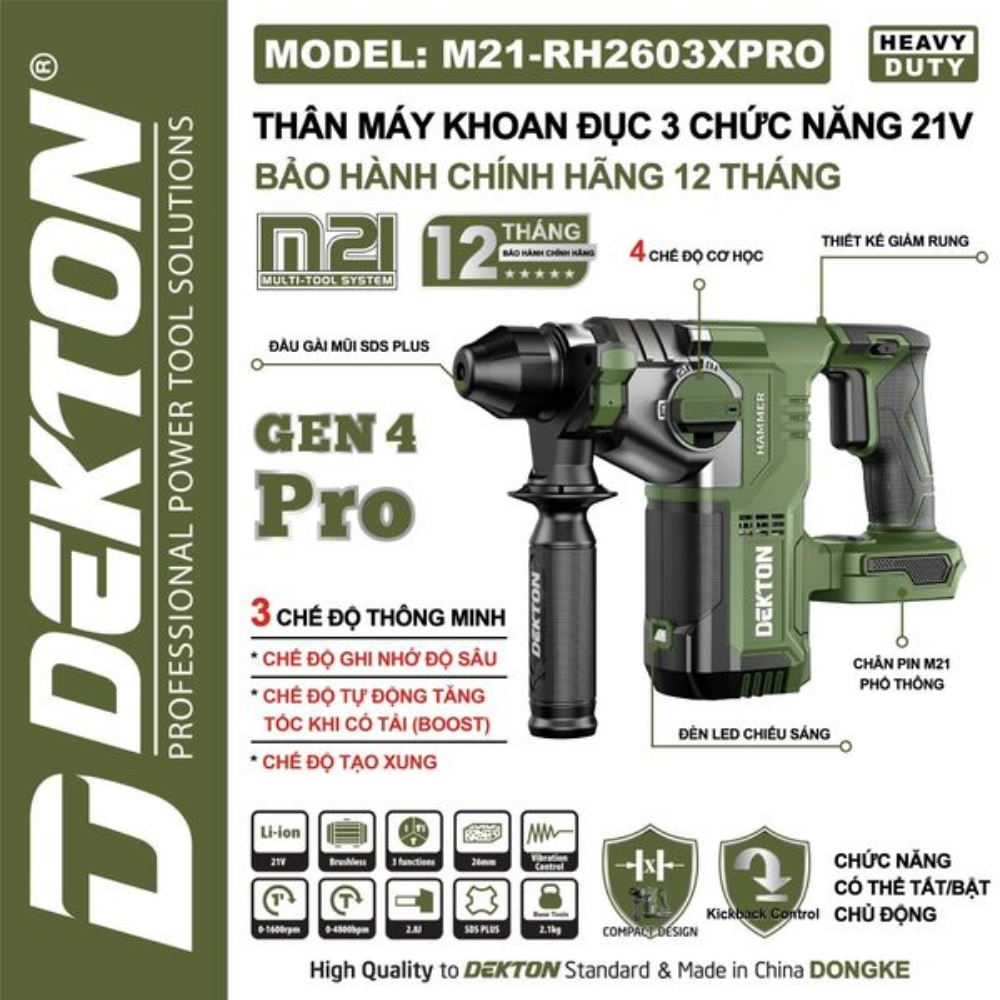Máy khoan bê tông 3 chức năng pin Dekton M21-RH2603XPRO 1 Máy Khoan Đục 3 Chức Năng Dekton M21-RH2603XPRO