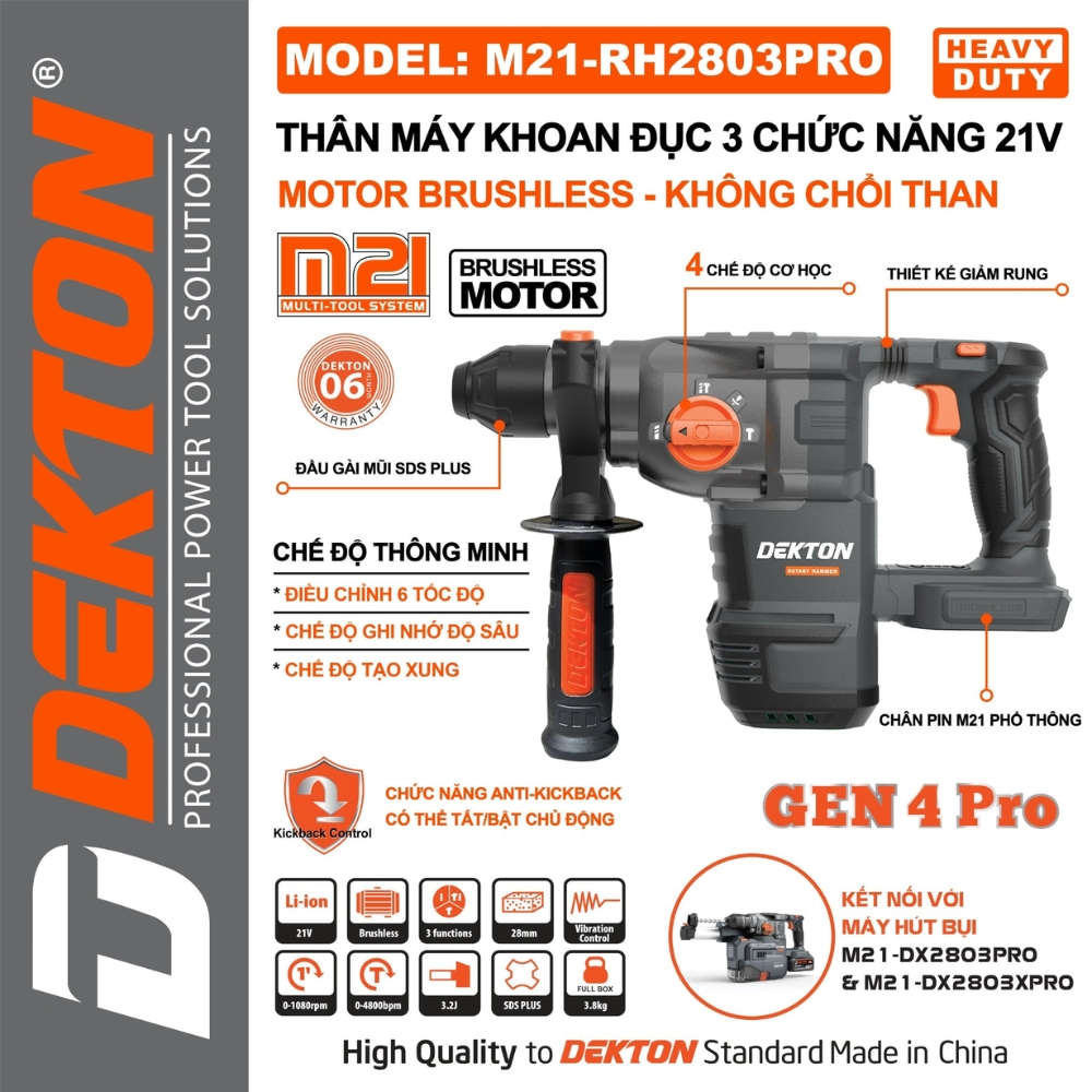Máy khoan bê tông 3 chức năng pin Dekton M21-RH2803PRO 1 Máy khoan bê tông 3 chức năng pin Dekton M21-RH2803PRO