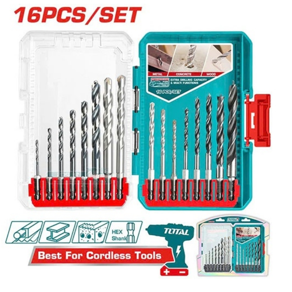 Bộ 16 mũi khoan kim loại, khoan tường và khoan gỗ Total TACSDL11608 1 Bộ 16 mũi khoan kim loại, khoan tường và khoan gỗ Total TACSDL11608