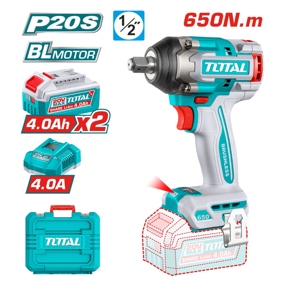 Máy siết bu lông dùng pin 20V 650Nm Total TIWLI2065 (2 pin 4ah và sạc) 2 Máy siết bu lông dùng pin 20V 650Nm Total TIWLI2065 (2 pin 4ah và sạc)