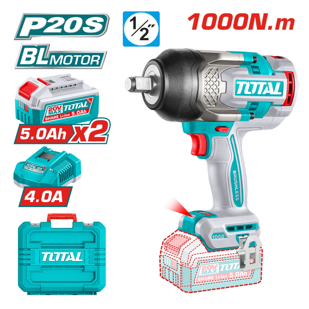 Máy siết bulong dùng pin 20V 1000Nm Total TIWLI20100 (2 pin 5ah & sạc) 2 Máy siết bulong dùng pin 20V 1000Nm Total TIWLI20100 (2 pin 5ah & sạc)