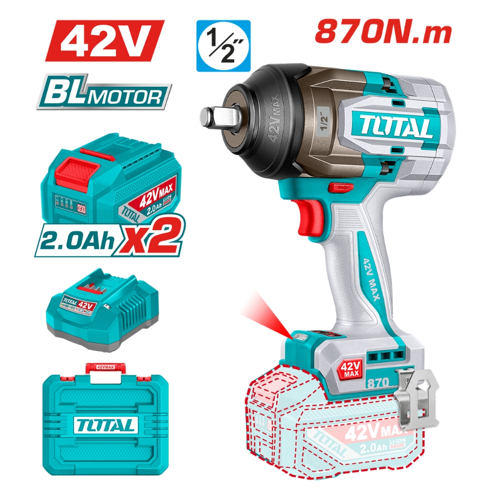 Máy siết bulong dùng pin 42V 870Nm Total TIWLI42862 (2 pin & sạc) 2 Máy siết bulong dùng pin 42V 870Nm Total TIWLI42862 (2 pin & sạc)