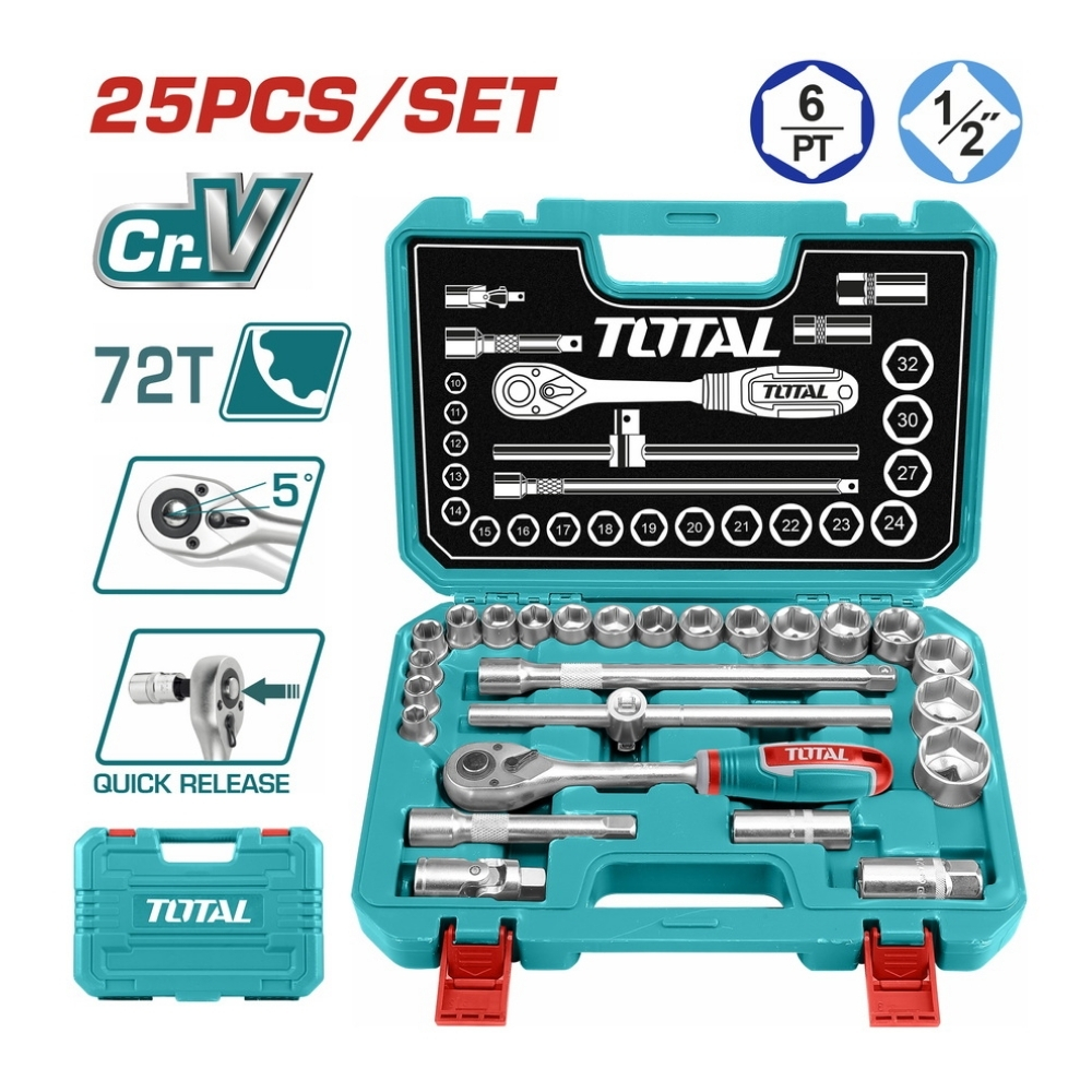 Bộ tuýp 25 chi tiết và cần siết 2 chiều Total THT121251 1 Bộ tuýp 25 chi tiết và cần siết 2 chiều Total THT121251