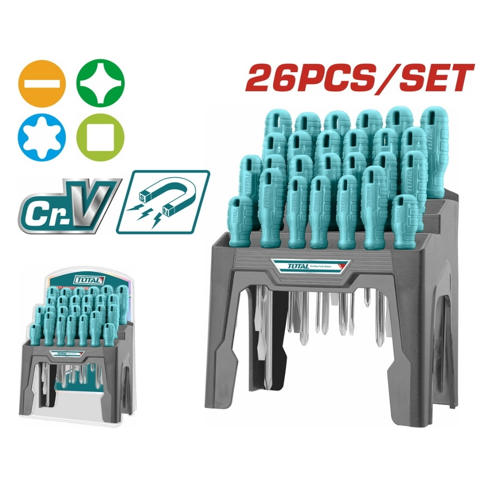 Bộ 26 tua vít dẹp, bake, sao, vuông Total THTDC252601 1 Bộ 26 tua vít dẹp, bake, sao, vuông Total THTDC252601