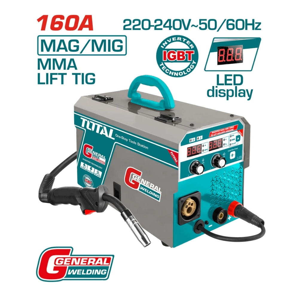 Máy hàn lift MAG/MIG/MMA/TIG Inverter 160A/80V Total TMGT1601 1 Máy hàn lift MAG/MIG/MMA/TIG Inverter 160A/80V Total TMGT1601