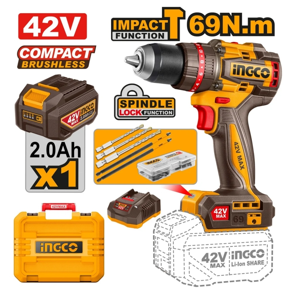 Máy khoan búa 3 chức năng 42V - 69Nm Ingco CIDLI426981 1 Máy khoan búa 3 chức năng 42V-69Nm Ingco CIDLI426981