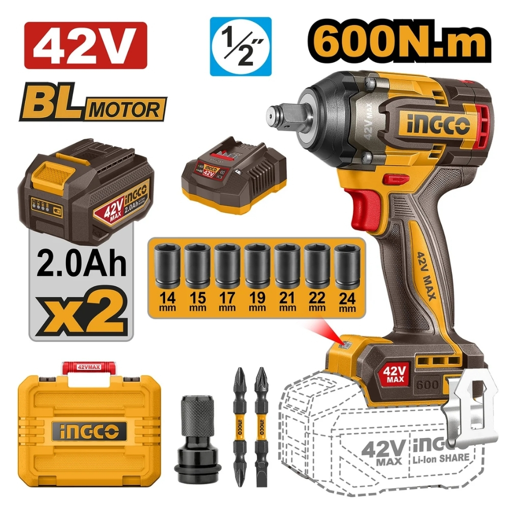 Máy siết bu lông 42V-600Nm Ingco CIWLI42602 1 Máy siết bu lông 42V-600Nm Ingco CIWLI42602