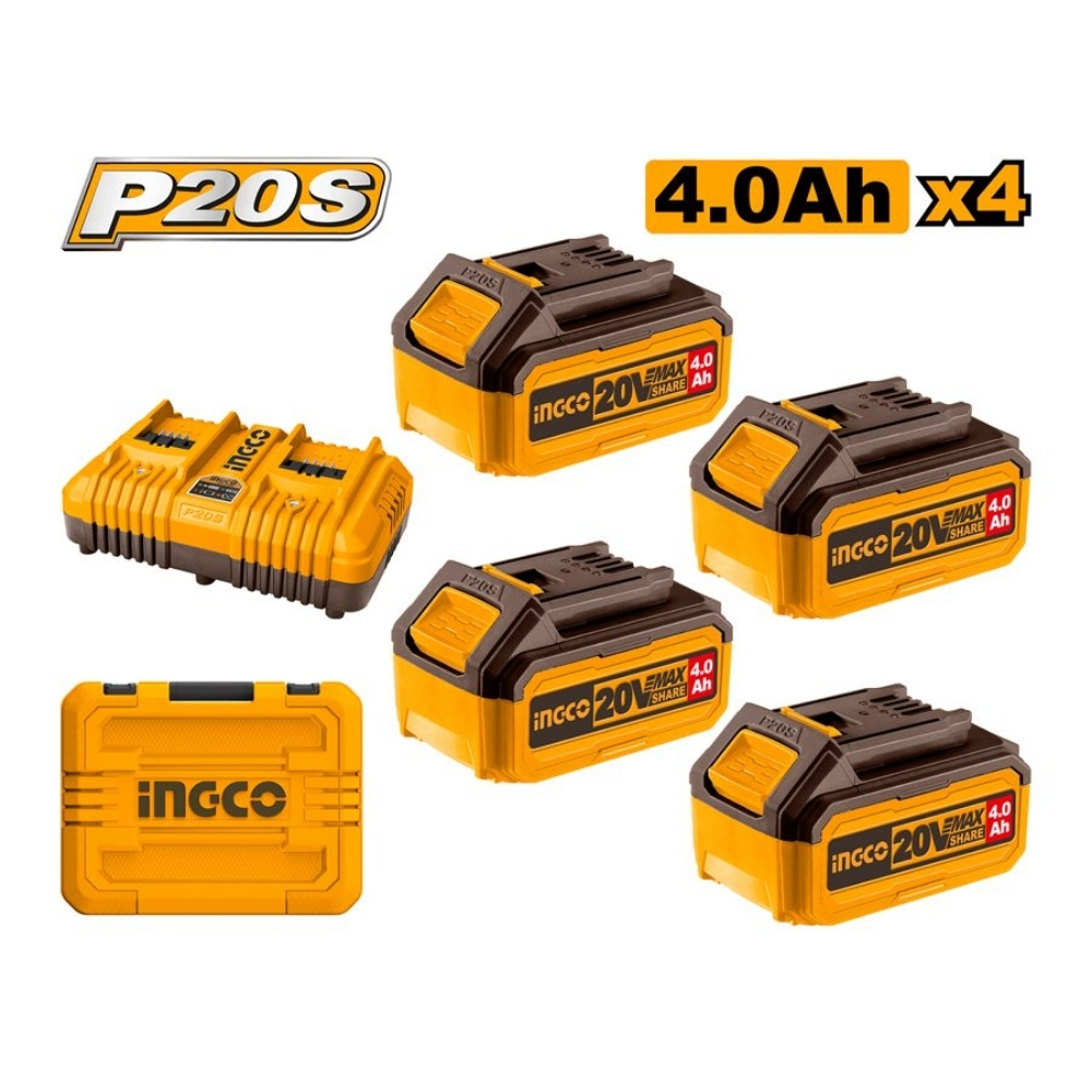 Bộ combo 4 pin 20V-4.0Ah & sạc đôi 4A Ingco FBCLI20244 1 Bộ combo 4 pin 20V-4.0Ah & sạc đôi 4A Ingco FBCLI20244