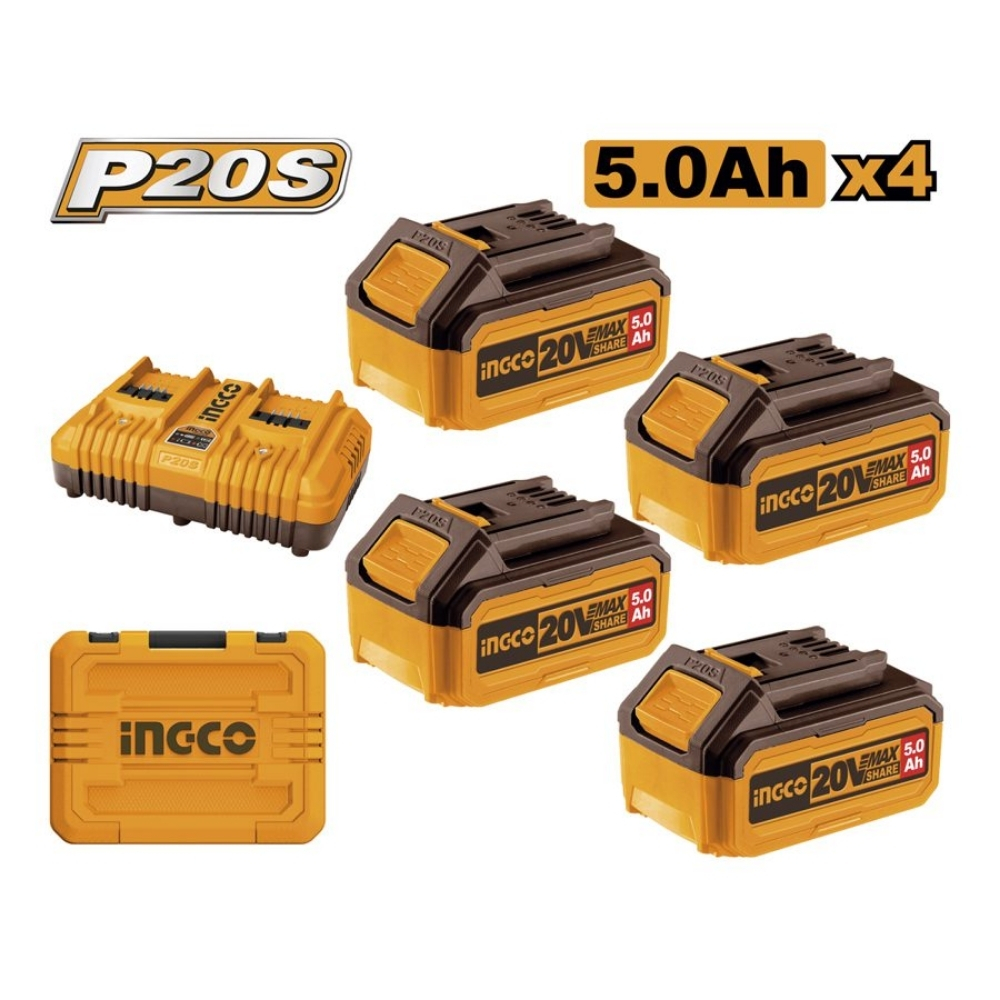Bộ combo 4 pin 20V-5.0Ah & sạc đôi 4A Ingco FBCLI20245 1 Bộ combo 4 pin 20V-5.0Ah & sạc đôi 4A Ingco FBCLI20245