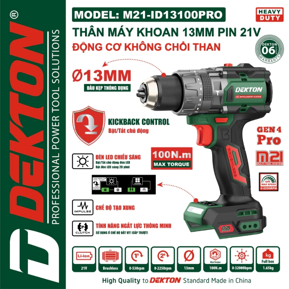 Máy khoan dùng pin 21V-100Nm Dekton M21-ID13100PRO 1 Máy khoan dùng pin 21V-100Nm Dekton M21-ID13100PRO
