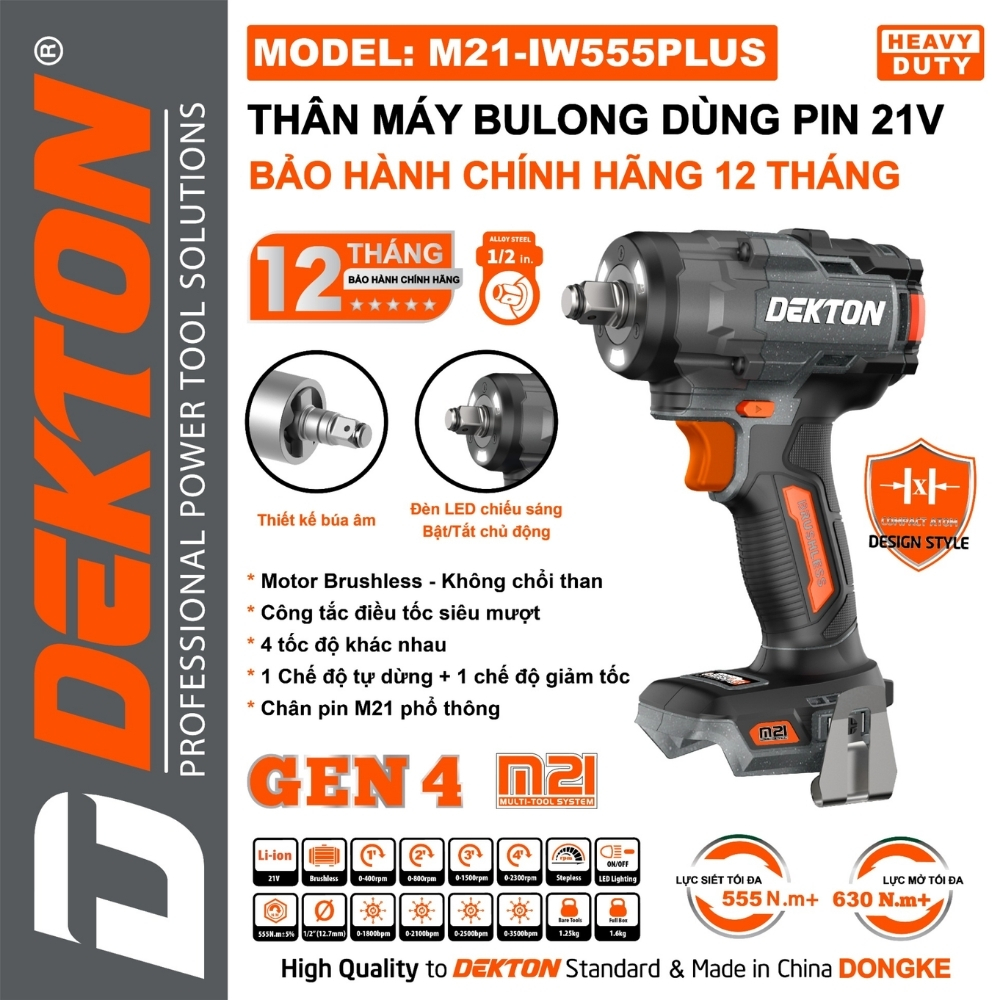 Máy siết bulong dùng pin 21V-555Nm Dekton M21-IW555PLUS 1 Máy siết bulong dùng pin 21V-555Nm Dekton M21-IW555PLUS