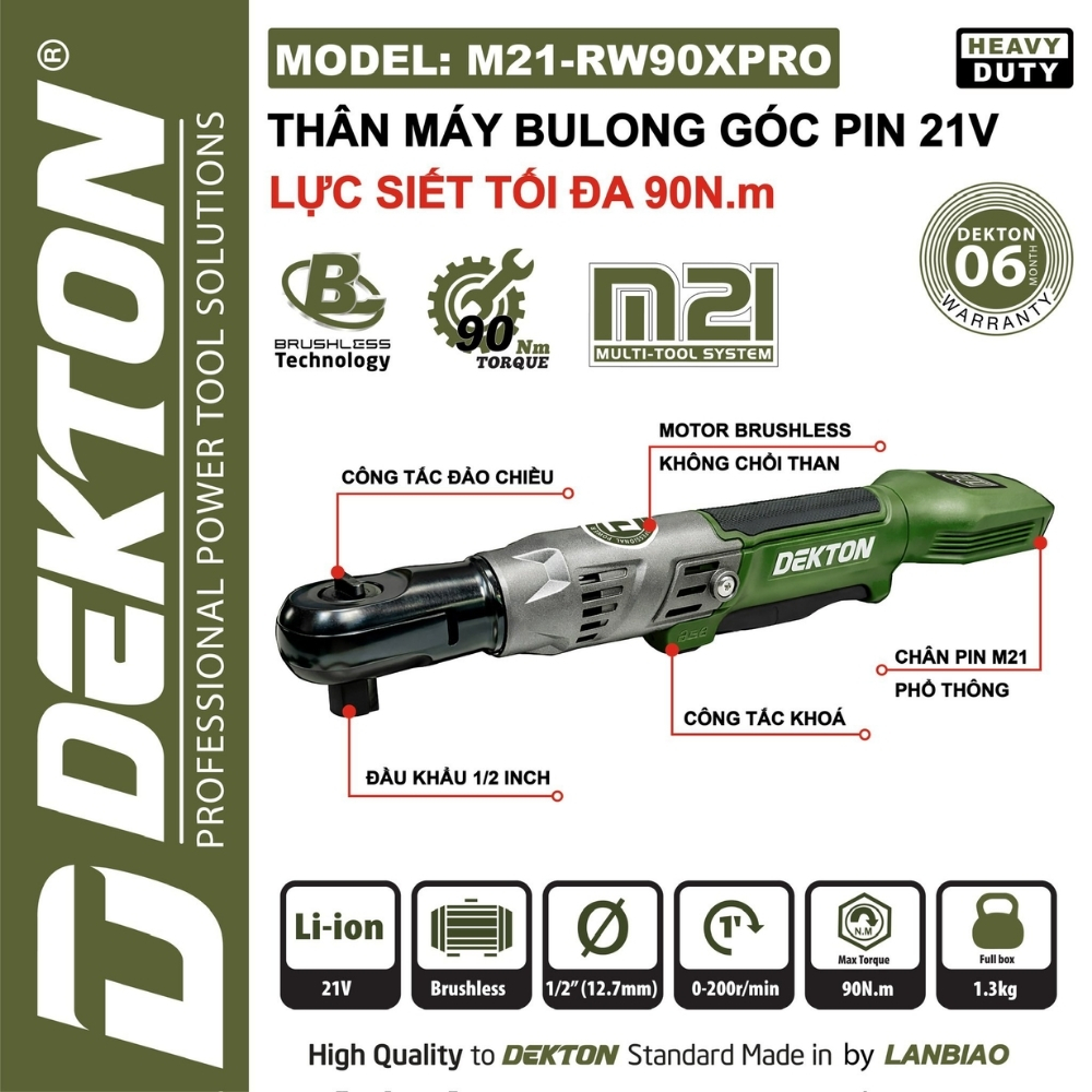 Máy siết bulong góc dùng pin 21V-90Nm Dekton M21-RW90XPRO 1 Máy siết bulong góc dùng pin 21V-90Nm Dekton M21-RW90XPRO