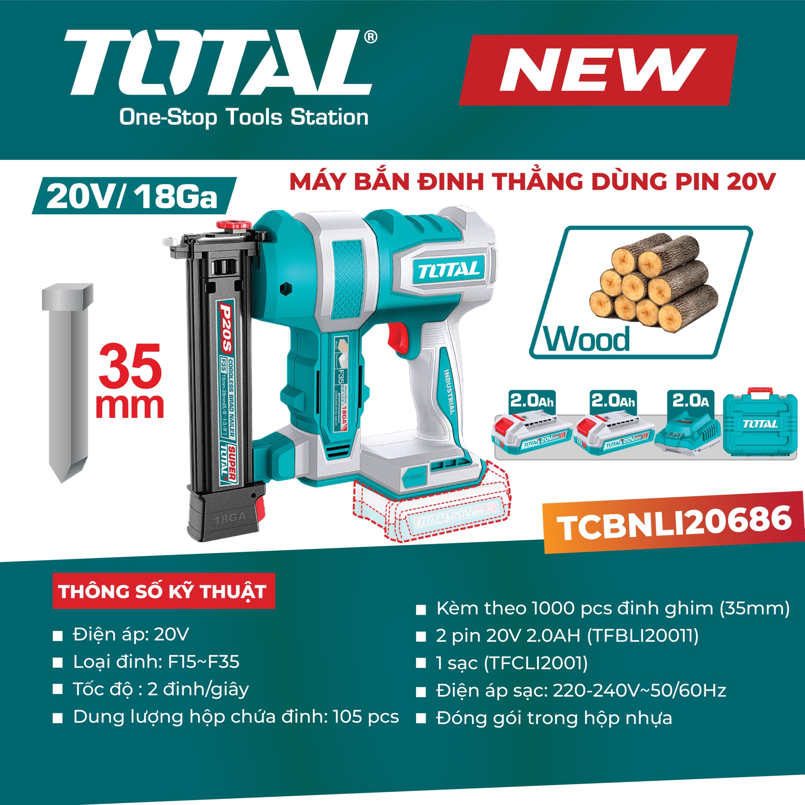 Máy bắn đinh thẳng dùng pin 20V Total TCBNLI20686 (2 pin & sạc) 2 TCBNLI20686