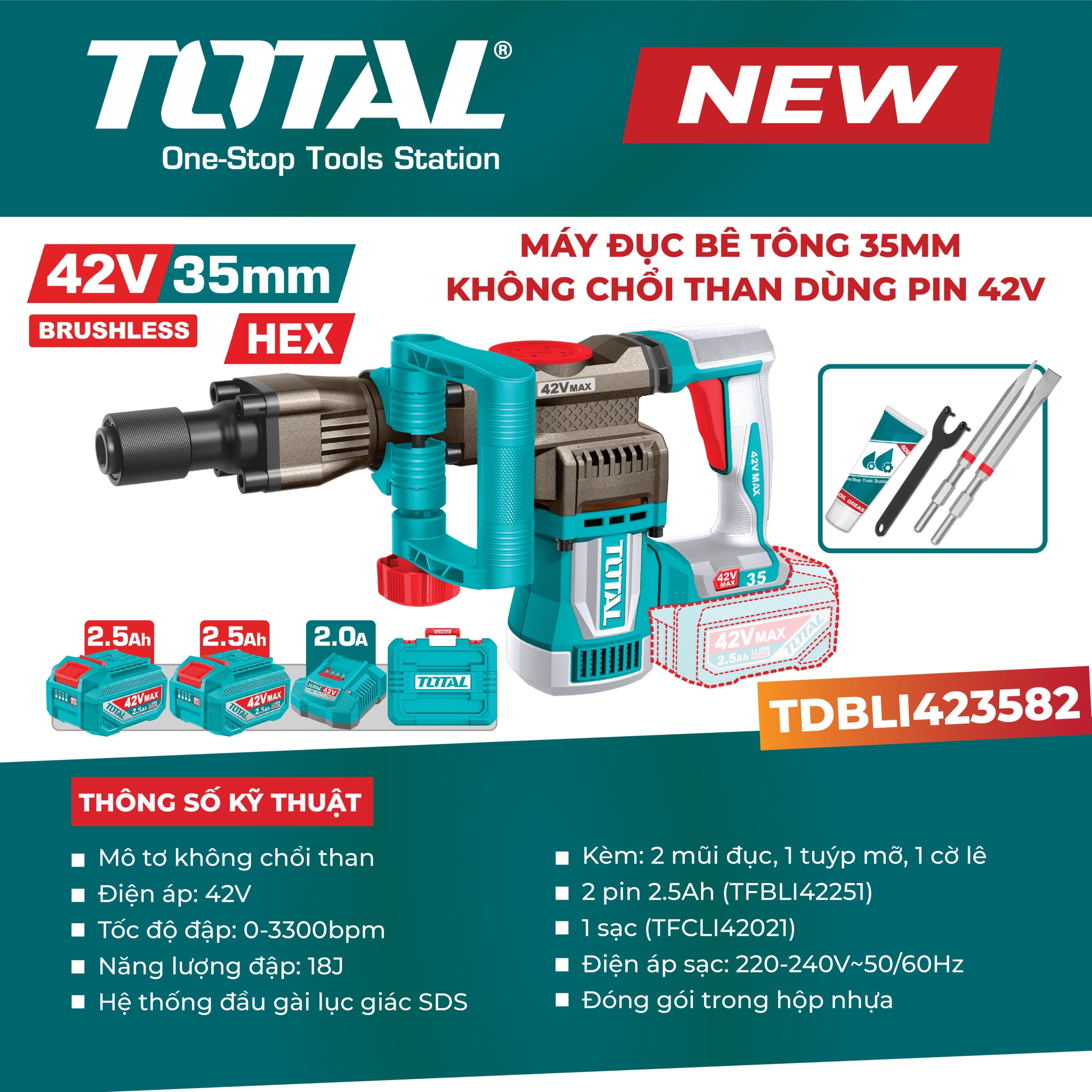 Máy đục bê tông dùng pin 42V - 35mm Total TDBLI423582 (2 pin & sạc) 2 TDBLI423582