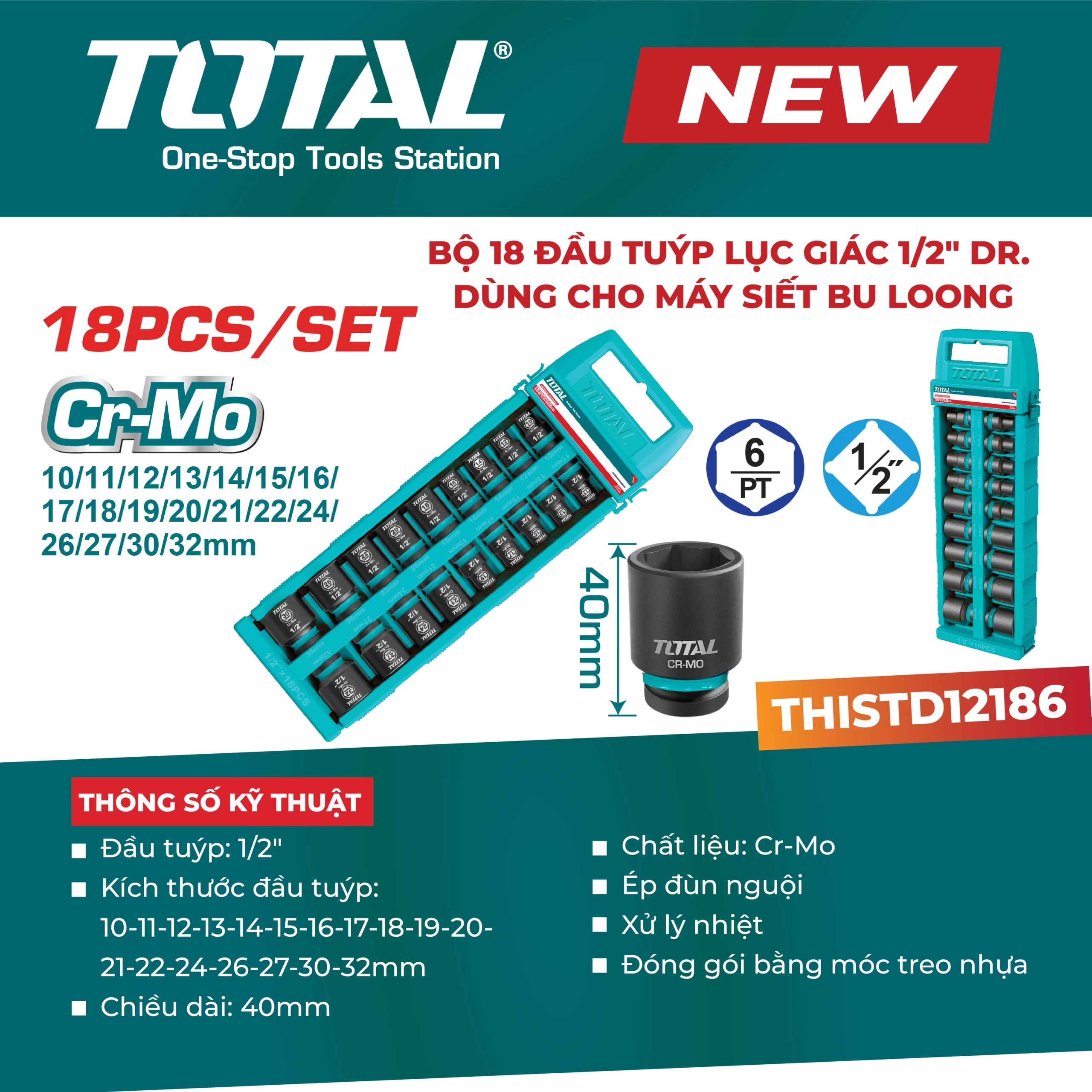 Bộ 18 đầu tuýp lục giác 1/2" Total THISTD12186 2 THISTD12186