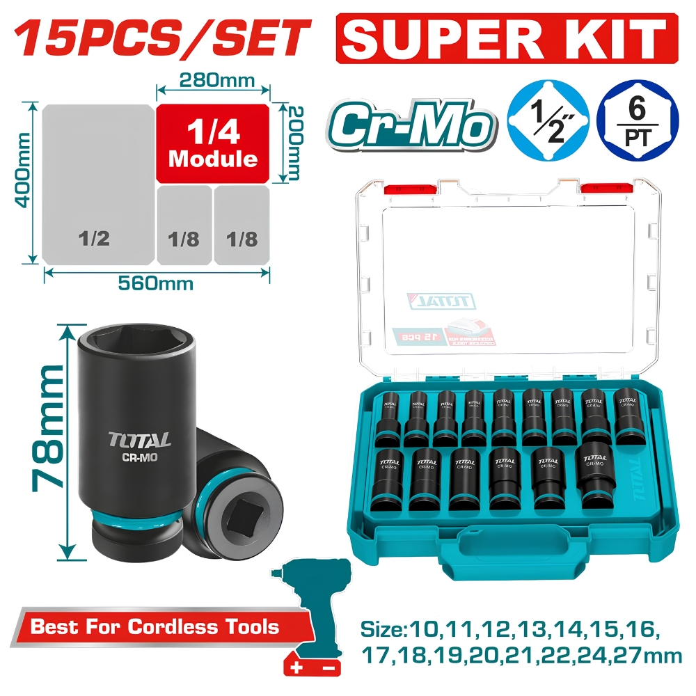 Bộ 15 đầu tuýp lục giác sâu 1/2" Total THKISD12158L 1 Bộ 15 đầu tuýp lục giác sâu 1/2" Total THKISD12158L