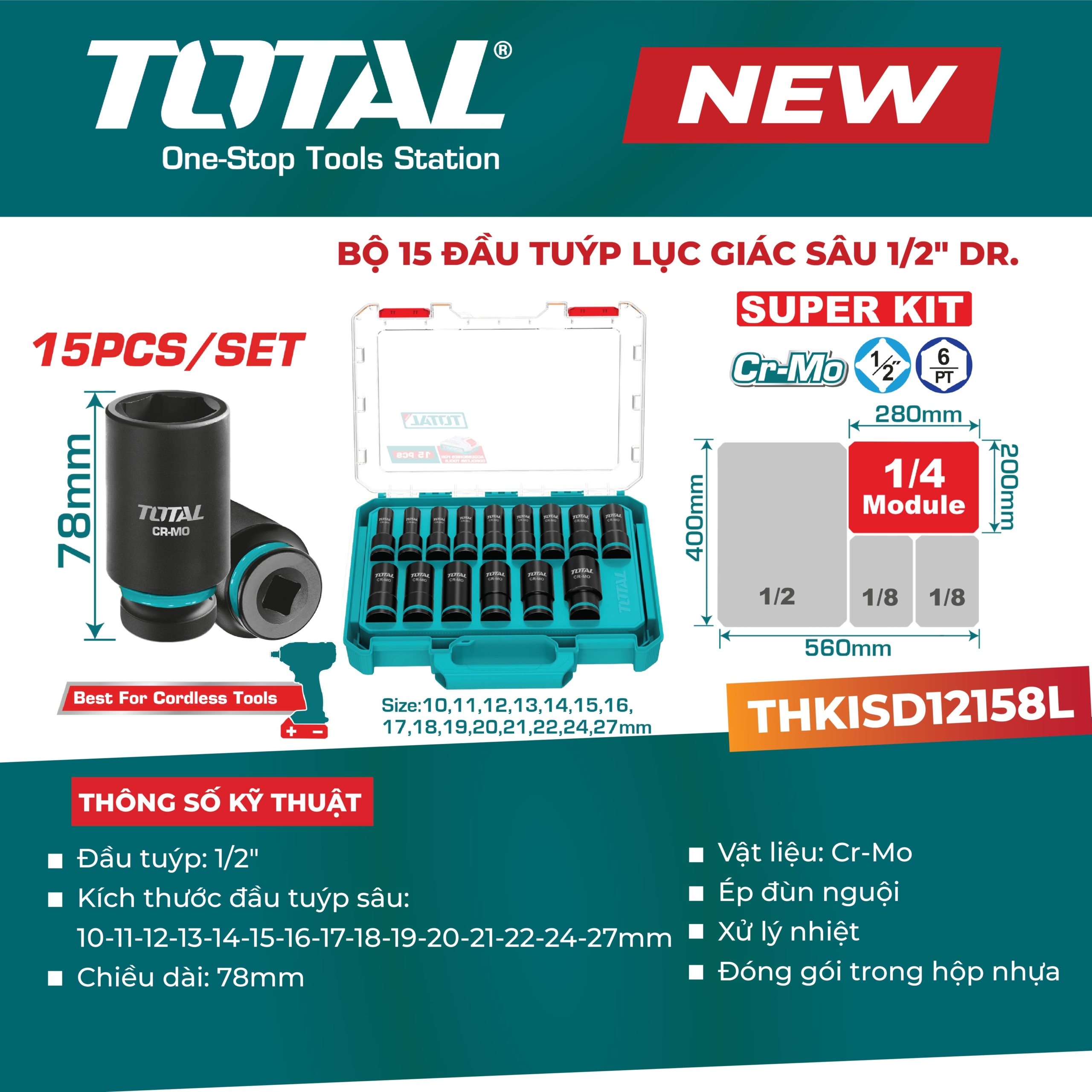 Bộ 15 đầu tuýp lục giác sâu 1/2" Total THKISD12158L 2 THKISD12158L