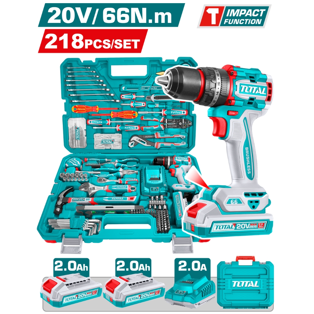 Bộ 218 món bao gồm máy khoan búa TIDLI206681 không chổi than dùng pin 20V Total THKTHP42187 1 Bộ 218 món bao gồm máy khoan búa TIDLI206681 không chổi than dùng pin 20V Total THKTHP42187