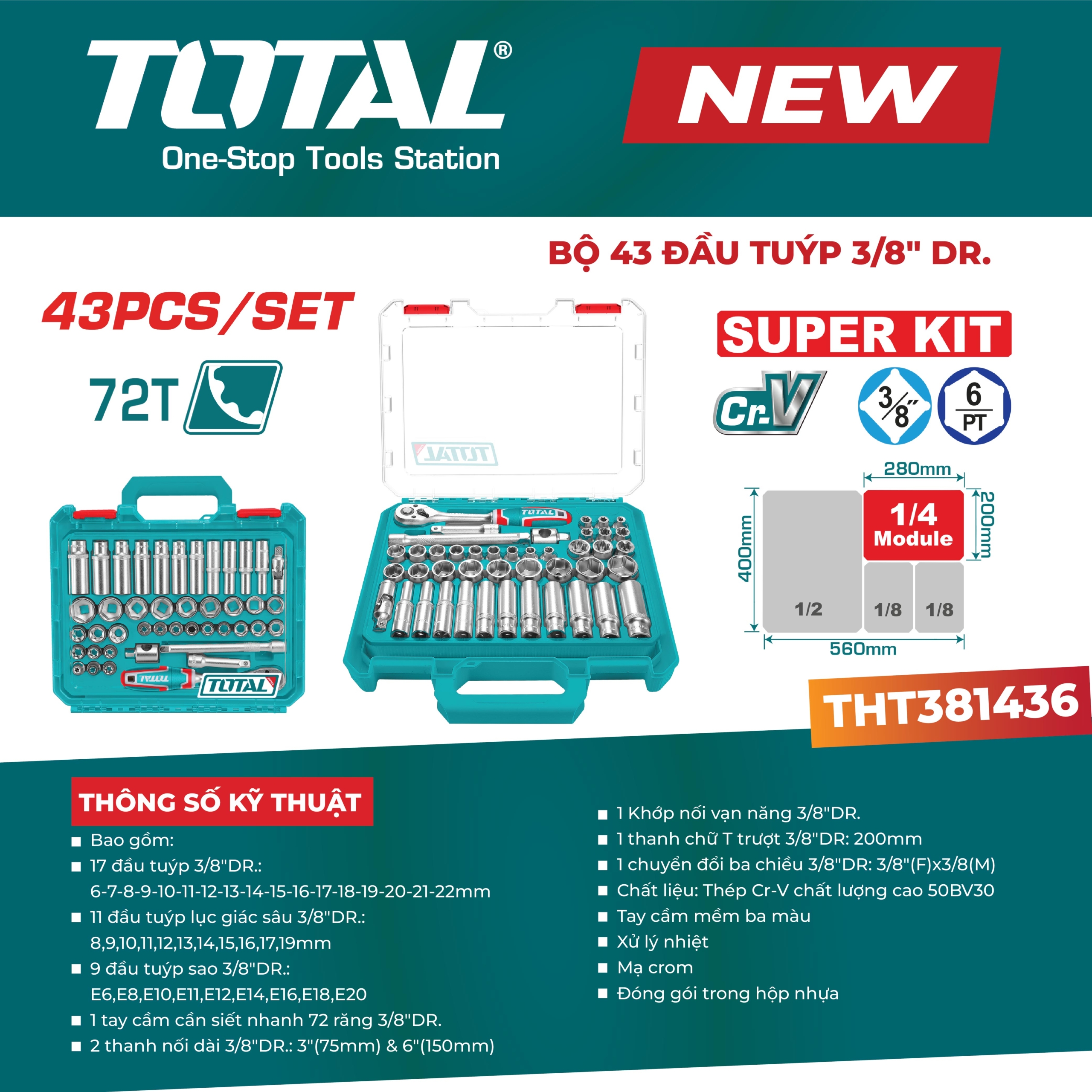 Bộ 43 đầu tuýp 3/8" Total THT381436 2 THT381436