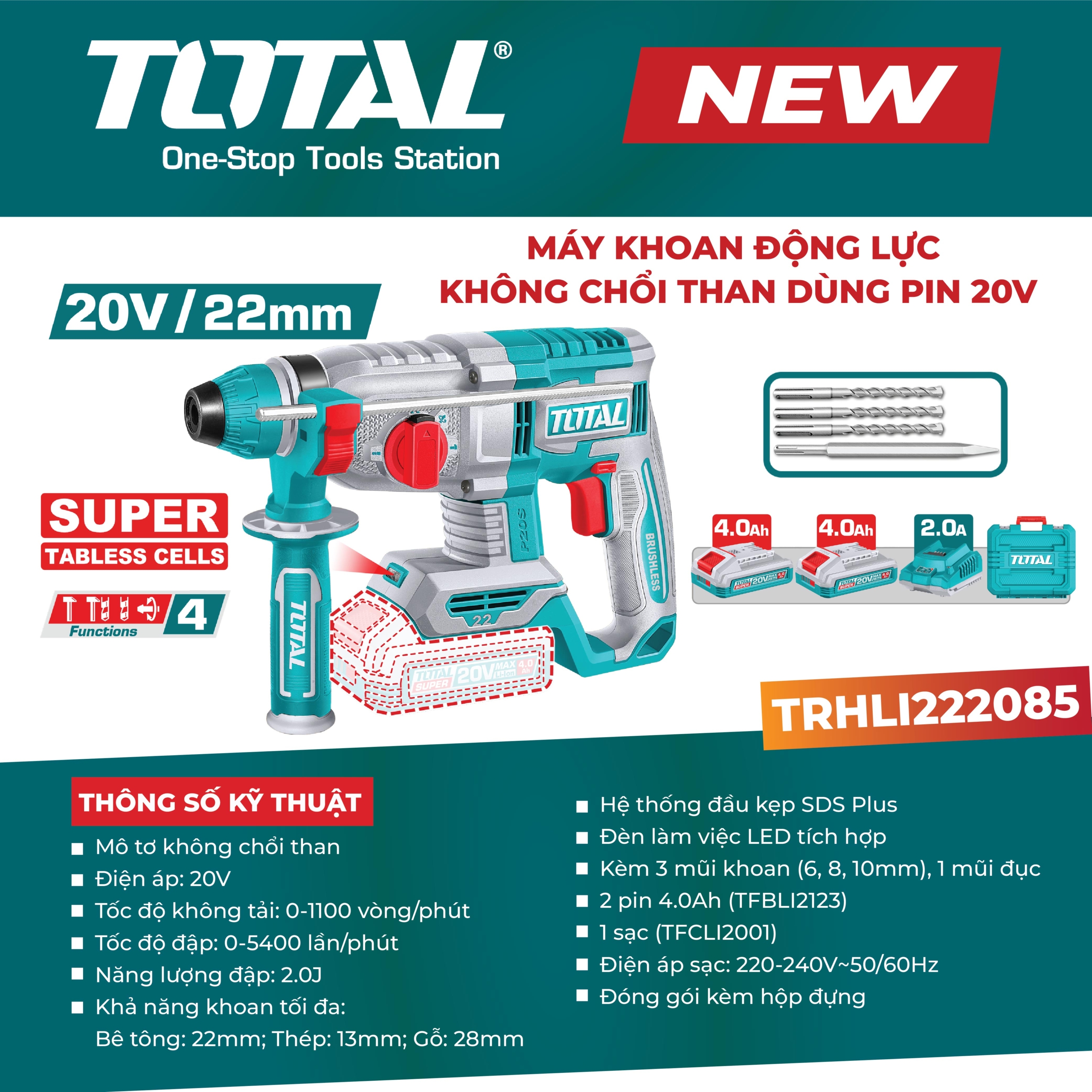 Máy khoan động lực dùng pin 20V Total TRHLI222085 (2 pin & sạc) 2 TRHLI222085