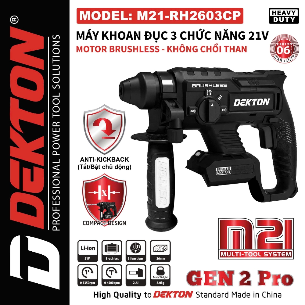 Máy khoan đục 3 chức năng dùng pin 21V-2.6J Dekton M21-RH2603CP (Màu đen) 1 Máy khoan đục 3 chức năng dùng pin 21V-2.6J Dekton M21-RH2603CP